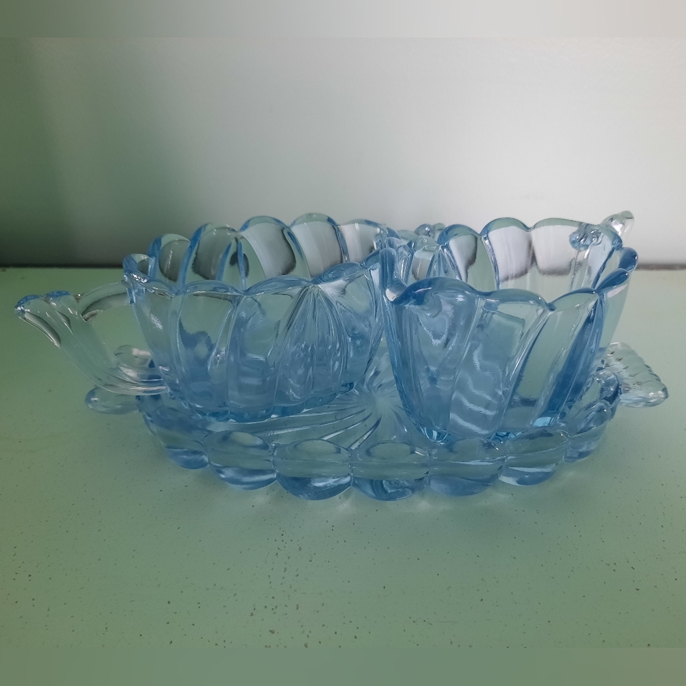 Vintage Light Blue Glass Sugar & Creamer Set w/Under-plate Tray GLOWS